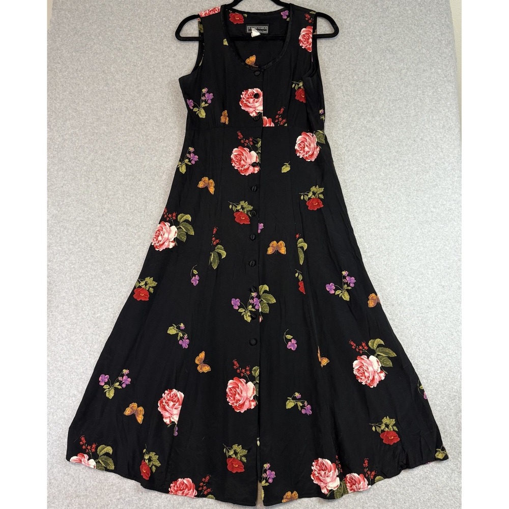 Ed Michaels Dress Womens 12 Black Vintage Floral Butterfly Maxi